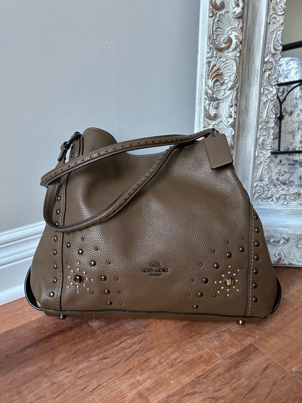Coach Edie Leather Shoulder Bag 31 with Western Rivets, 57660, Fatigue Gunmetal